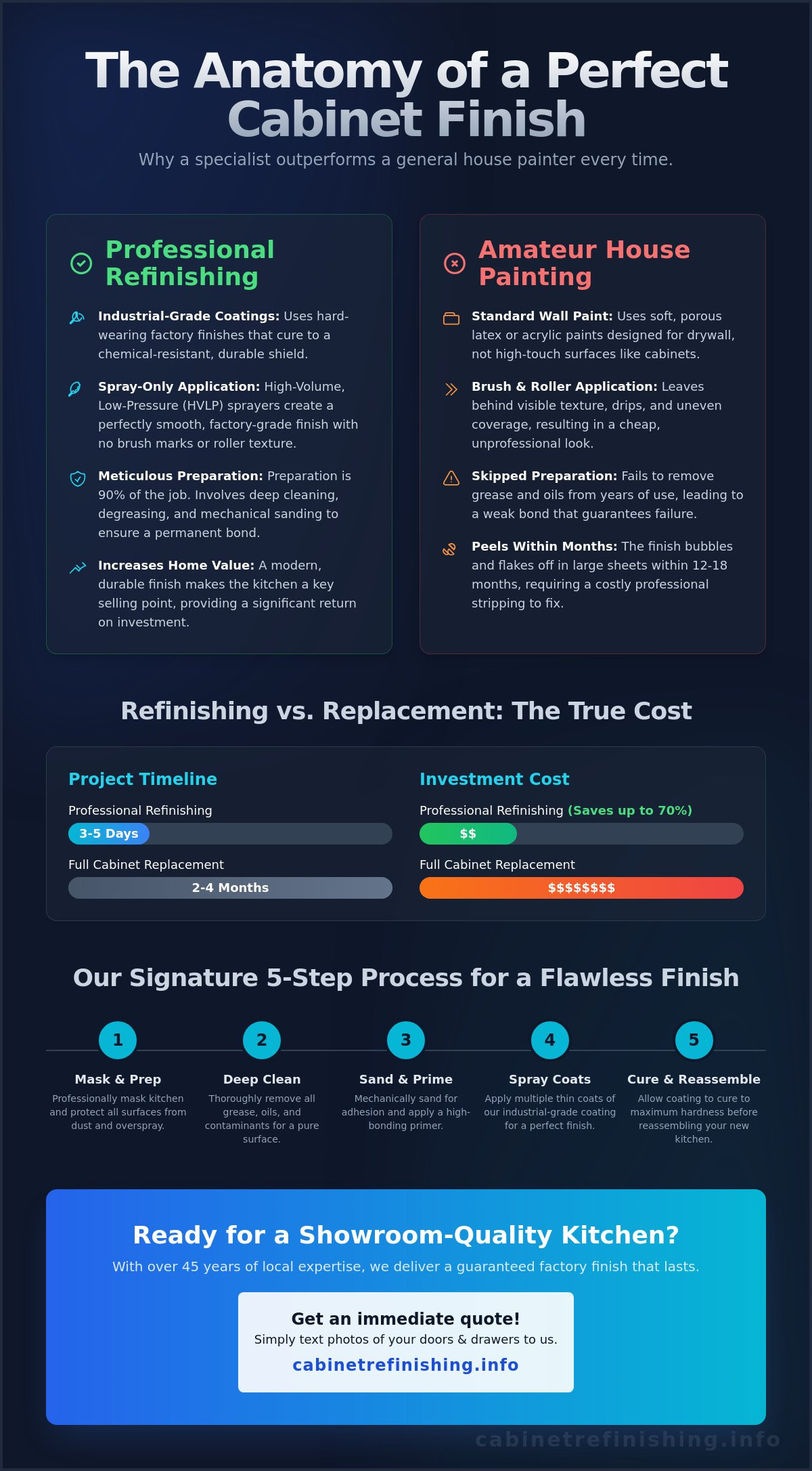 Infographic comparing professional cabinet refinishing vs amateur painting with benefits and costs listed on two side panels.