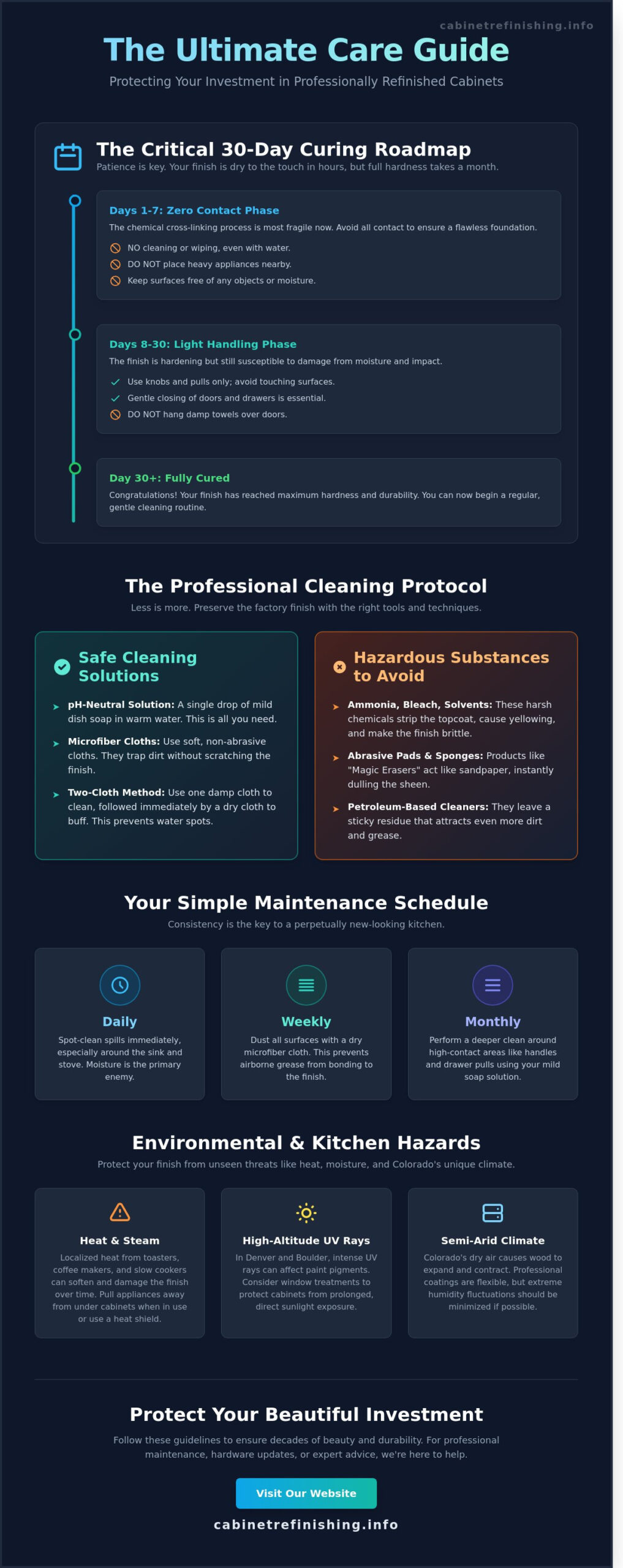 The Ultimate Care Guide infographic about professionally refurnished cabinets: vertical timeline of curing phases, cleaning protocol, maintenance schedule, hazards, and a website link.