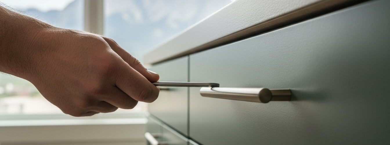 Close-up of a hand pulling open a gray kitchen drawer with a metal bar handle, mountains visible through a window in the background.
