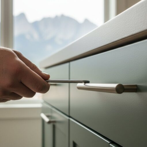 Close-up of a hand pulling open a gray kitchen drawer with a metal bar handle, mountains visible through a window in the background.