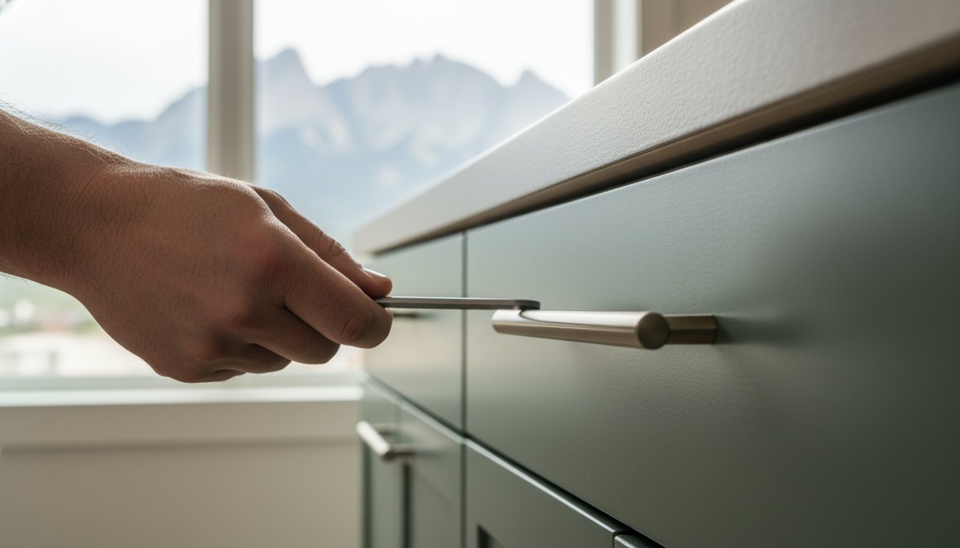 Close-up of a hand pulling open a gray kitchen drawer with a metal bar handle, mountains visible through a window in the background.