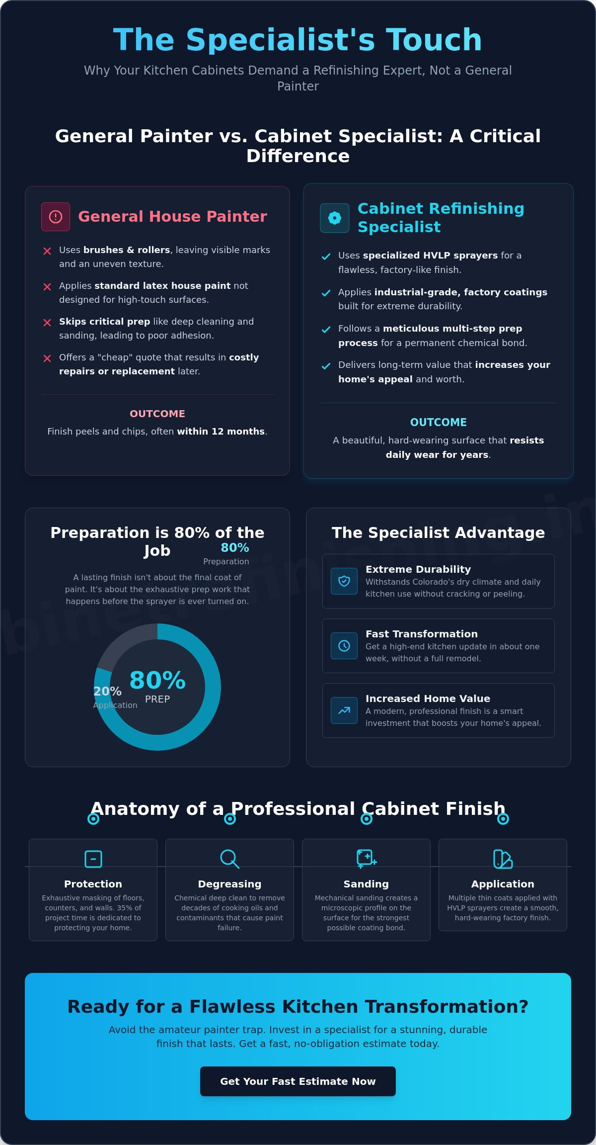 Two-panel infographic comparing General House Painter vs Cabinet Refinishing Specialist, highlighting approaches, outcomes, and benefits of each. (Marketing image)