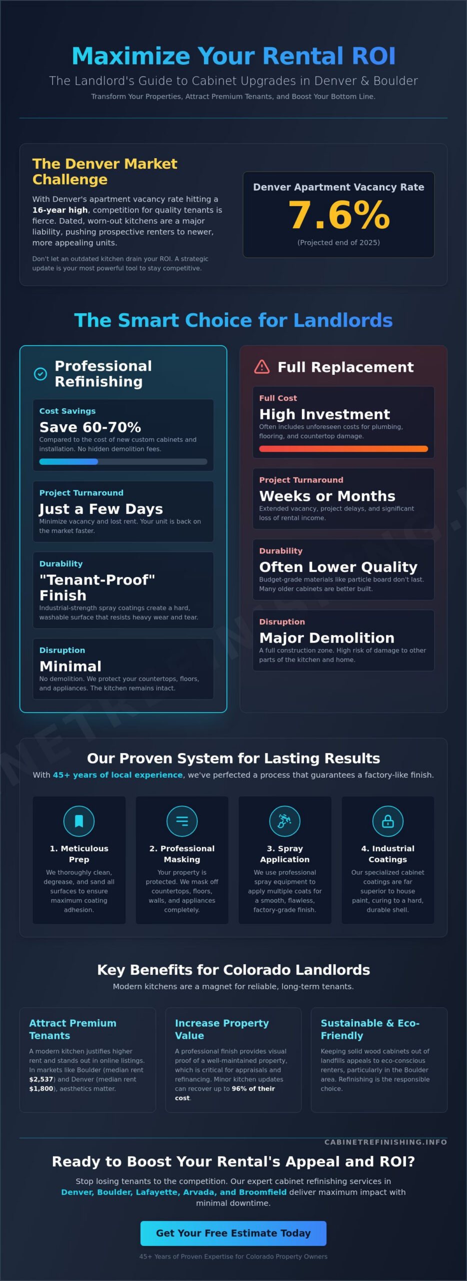 Infographic titled 'Maximize Your Rental ROI' outlining market challenges, renovation choices, and a proven system for landlords in Denver.