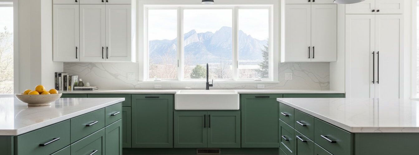 Bright kitchen with white upper cabinets, green lower cabinets, marble countertops, and a large window over the sink with mountain view.