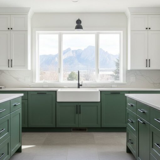 Bright kitchen with white upper cabinets, green lower cabinets, marble countertops, and a large window over the sink with mountain view.