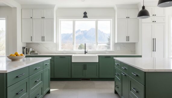 Bright kitchen with white upper cabinets, green lower cabinets, marble countertops, and a large window over the sink with mountain view.