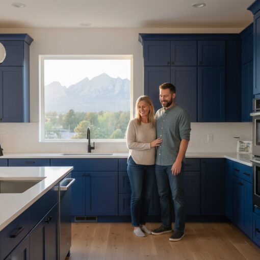 Couple standing in a modern blue-kitchen, smiling, near a window with mountain view behind them.