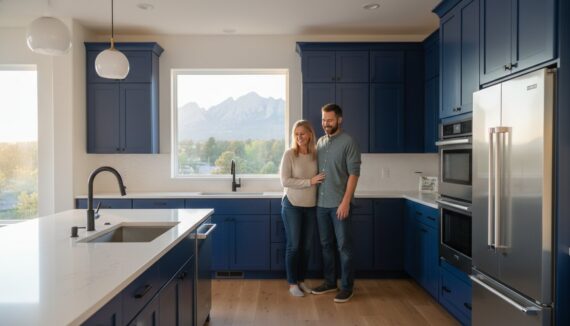 Couple standing in a modern blue-kitchen, smiling, near a window with mountain view behind them.