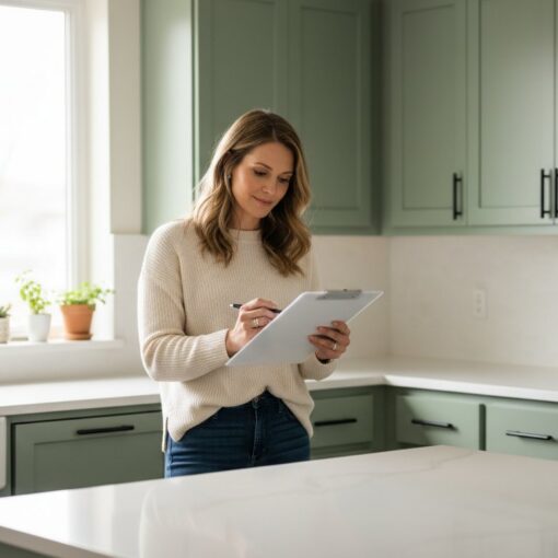 Woman standing at a kitchen island writing on a clipboard with a pen.