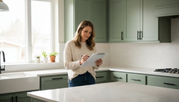 Woman standing at a kitchen island writing on a clipboard with a pen.