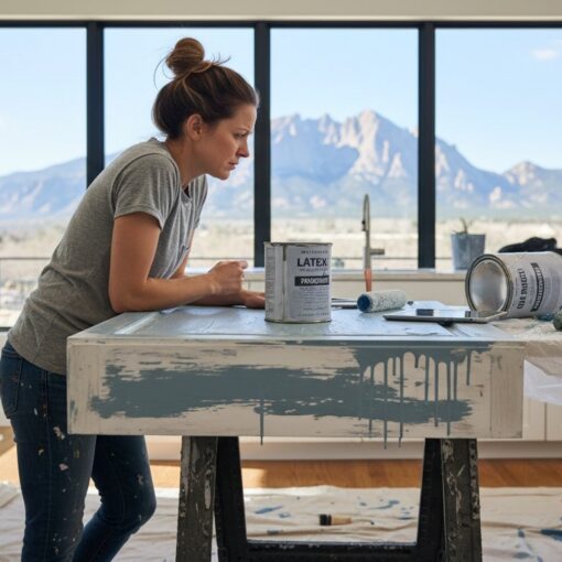 Woman painting a kitchen island at a stand, blue-gray paint on the surface, paint cans and roller nearby, mountain view through large windows behind her.