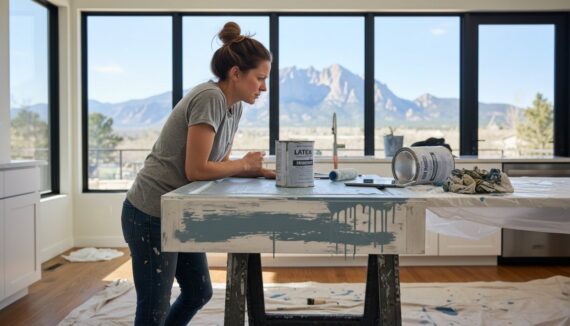 Woman painting a kitchen island at a stand, blue-gray paint on the surface, paint cans and roller nearby, mountain view through large windows behind her.