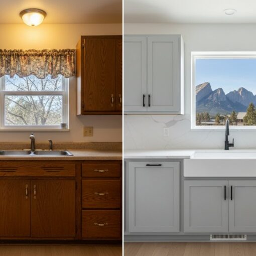 Split-screen kitchen renovation: left shows brown wood cabinets and a floral valance; right shows light gray cabinets, white countertops, and a mountain-view window.