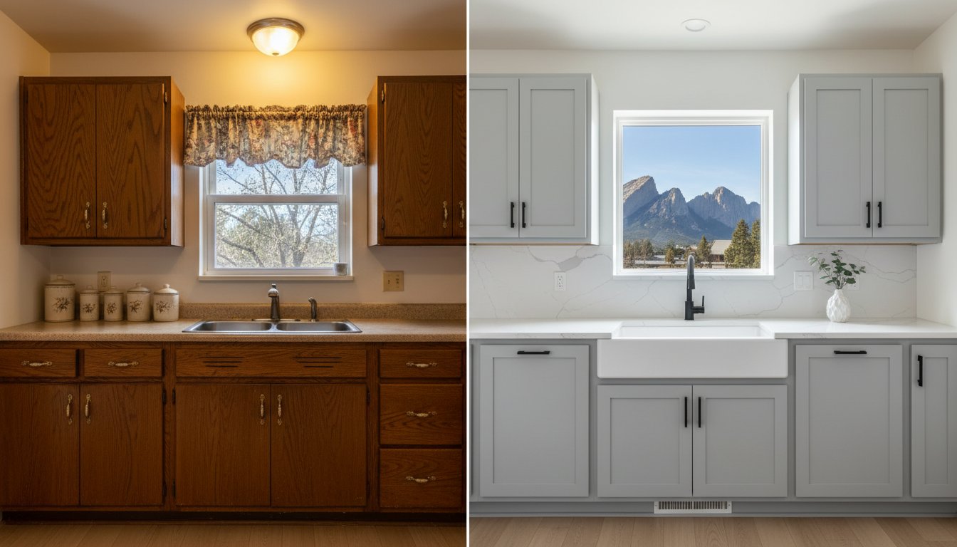 Split-screen kitchen renovation: left shows brown wood cabinets and a floral valance; right shows light gray cabinets, white countertops, and a mountain-view window.