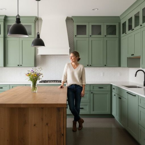 Woman in a white sweater leans on a wooden kitchen island in a bright sage-green cabinet kitchen with a vase of wildflowers on the island.