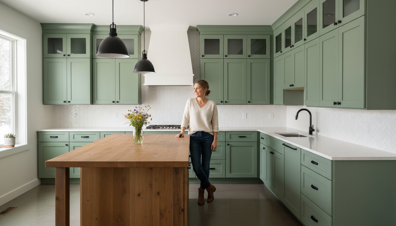 Woman in a white sweater leans on a wooden kitchen island in a bright sage-green cabinet kitchen with a vase of wildflowers on the island.