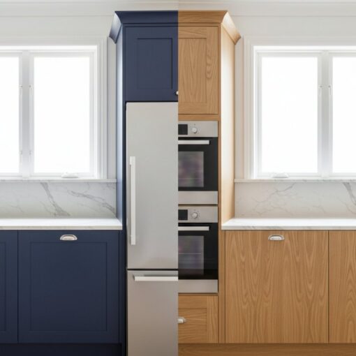 Split-view kitchen with navy blue lower and upper cabinets on the left, a stainless refrigerator in the center, and natural wood cabinets on the right under a white marble countertop and window light.