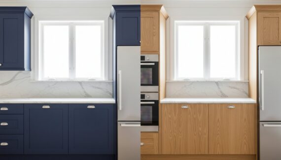 Split-view kitchen with navy blue lower and upper cabinets on the left, a stainless refrigerator in the center, and natural wood cabinets on the right under a white marble countertop and window light.