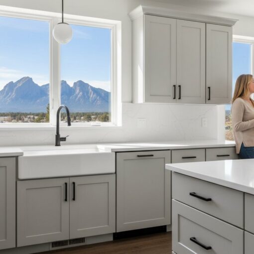 Bright modern kitchen with gray cabinets and white countertops; a couple stands by a large window overlooking mountains, holding mugs and smiling.