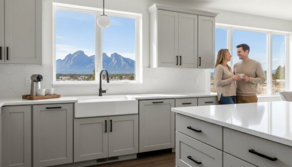 Bright modern kitchen with gray cabinets and white countertops; a couple stands by a large window overlooking mountains, holding mugs and smiling.