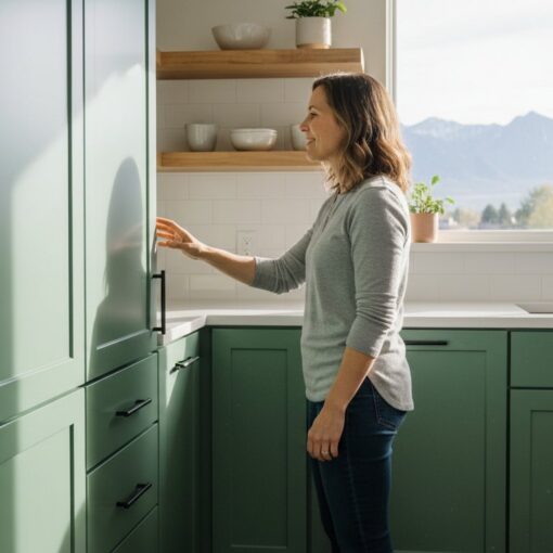 Woman in a gray sweater stands by green kitchen cabinets, reaching to open a tall pantry door near a window with a mountain view.