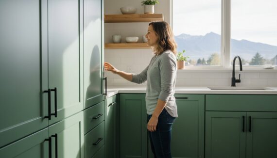 Woman in a gray sweater stands by green kitchen cabinets, reaching to open a tall pantry door near a window with a mountain view.