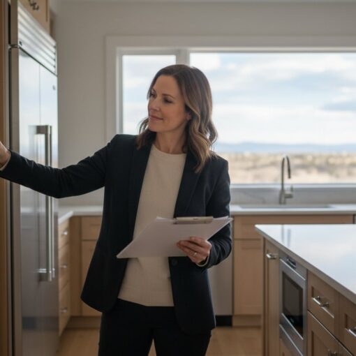 Businesswoman in a black blazer measures a fridge with a tape measure while holding a clipboard in a modern kitchen.
