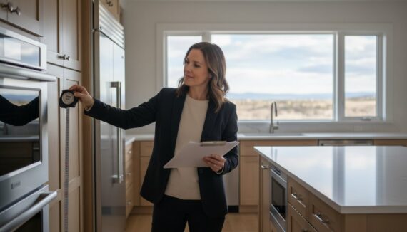 Businesswoman in a black blazer measures a fridge with a tape measure while holding a clipboard in a modern kitchen.