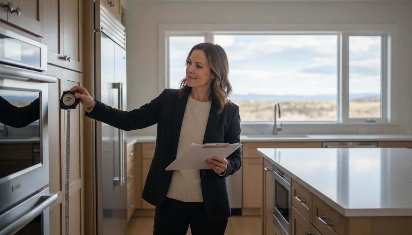 Businesswoman in a black blazer measures a fridge with a tape measure while holding a clipboard in a modern kitchen.