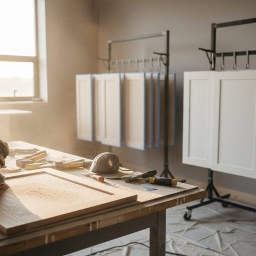 Worker wearing gloves sands a wooden cabinet door on a workbench in a sunlit workshop, with doors hanging on racks nearby.