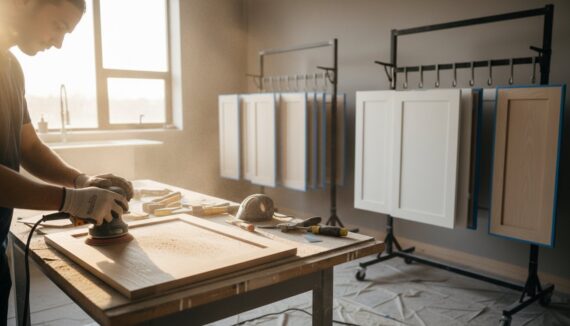 Worker wearing gloves sands a wooden cabinet door on a workbench in a sunlit workshop, with doors hanging on racks nearby.