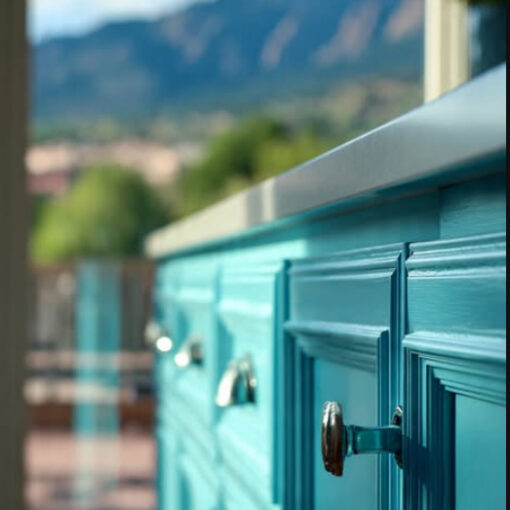 Close-up of teal kitchen cabinets with chrome knobs, sunlit window and mountains in the distance.