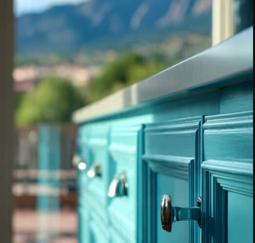 Close-up of teal kitchen cabinets with chrome knobs, sunlit window and mountains in the distance.