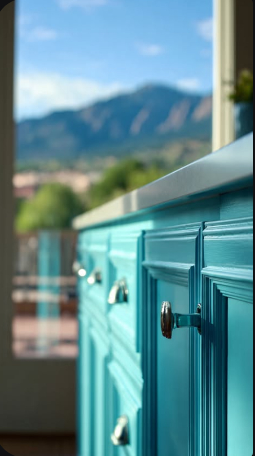 Close-up of teal kitchen cabinets with chrome knobs, sunlit window and mountains in the distance.