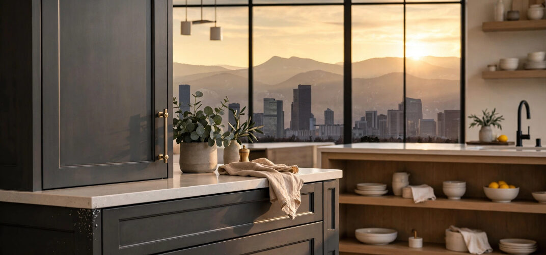 Dark navy kitchen island with brass handles and marble countertop, potted greenery, and a beige towel, set against a city skyline at sunset through large windows.