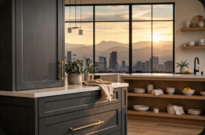 Dark navy kitchen island with brass handles and marble countertop, potted greenery, and a beige towel, set against a city skyline at sunset through large windows.