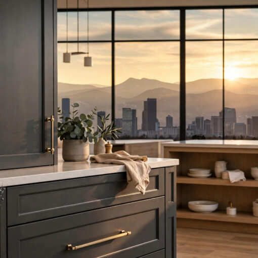 Dark navy kitchen island with brass handles and marble countertop, potted greenery, and a beige towel, set against a city skyline at sunset through large windows.