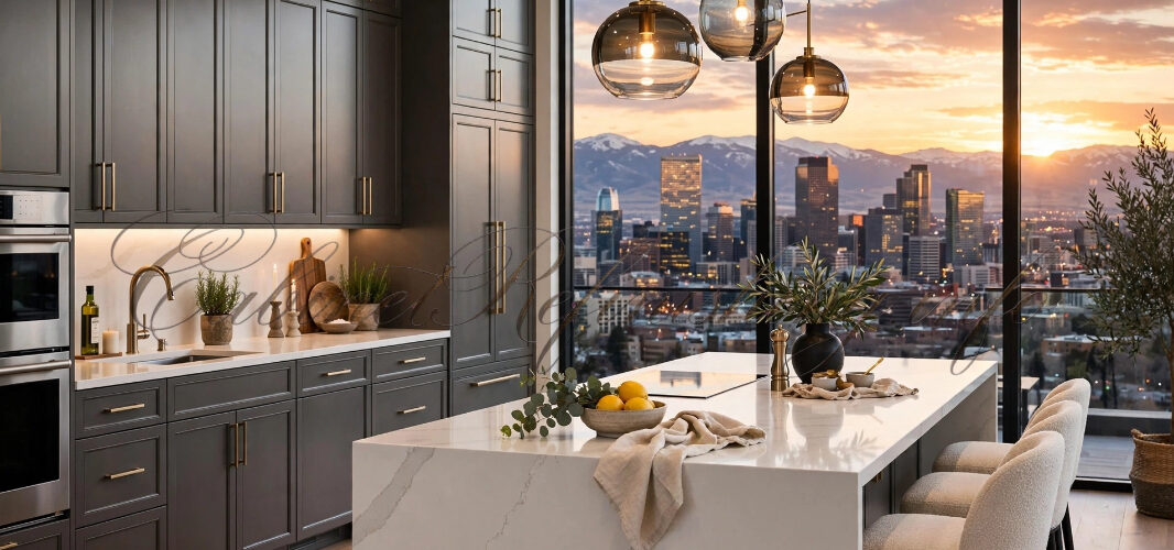 Contemporary kitchen with dark gray cabinets, white marble island, and a sunset city skyline through large windows in the backdrop.
