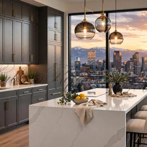Contemporary kitchen with dark gray cabinets, white marble island, and a sunset city skyline through large windows in the backdrop.