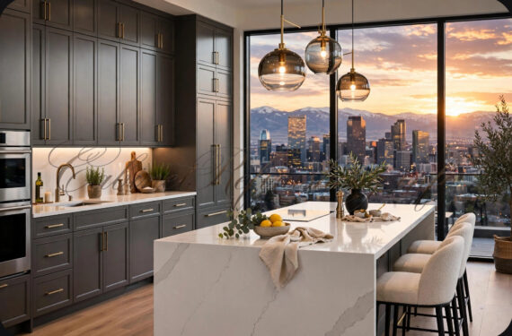 Contemporary kitchen with dark gray cabinets, white marble island, and a sunset city skyline through large windows in the backdrop.