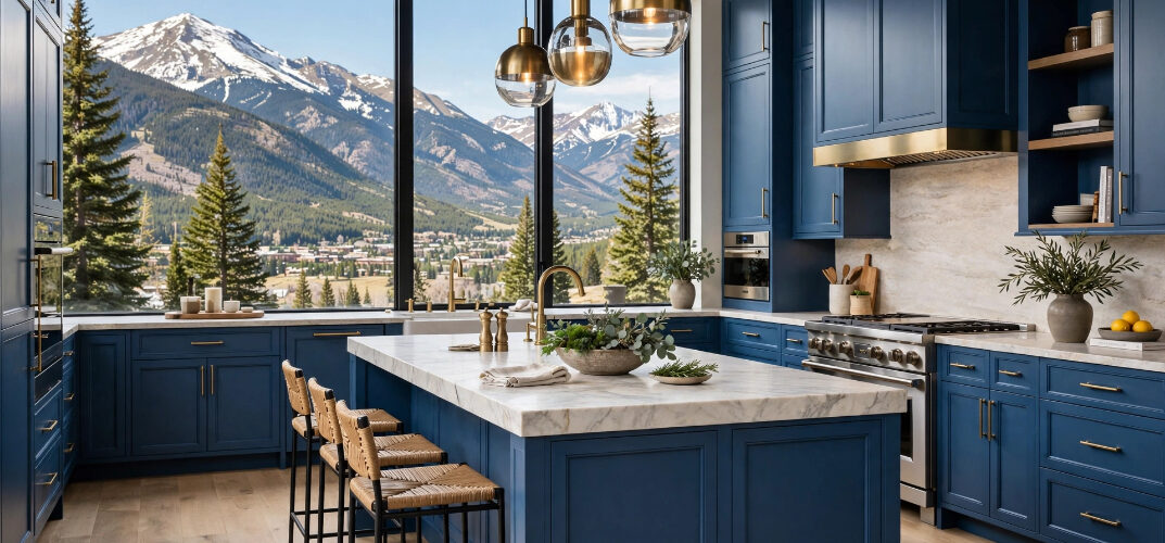 Blue kitchen with marble island, gold fixtures, and a panoramic mountain view through wide windows.