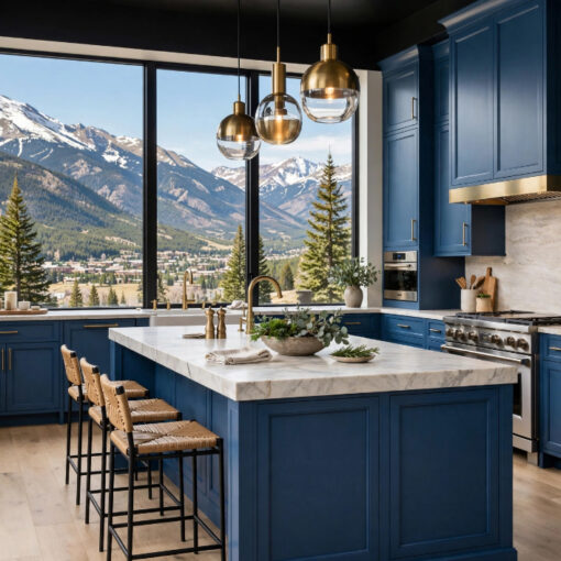 Blue kitchen with marble island, gold fixtures, and a panoramic mountain view through wide windows.