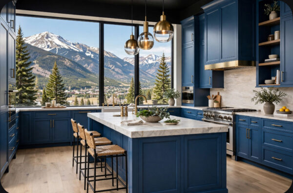 Blue kitchen with marble island, gold fixtures, and a panoramic mountain view through wide windows.