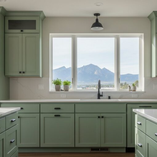 Bright green kitchen with white countertops and a large window over the sink, mountains visible outside.