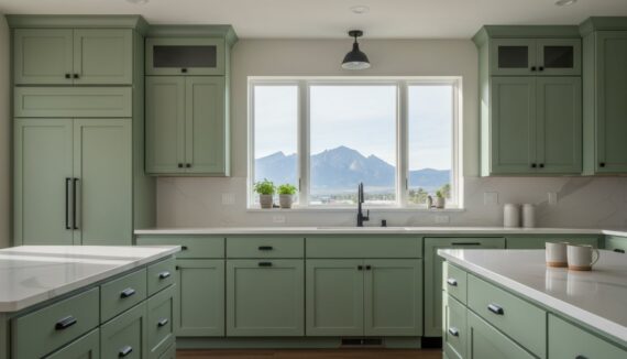 Bright green kitchen with white countertops and a large window over the sink, mountains visible outside.