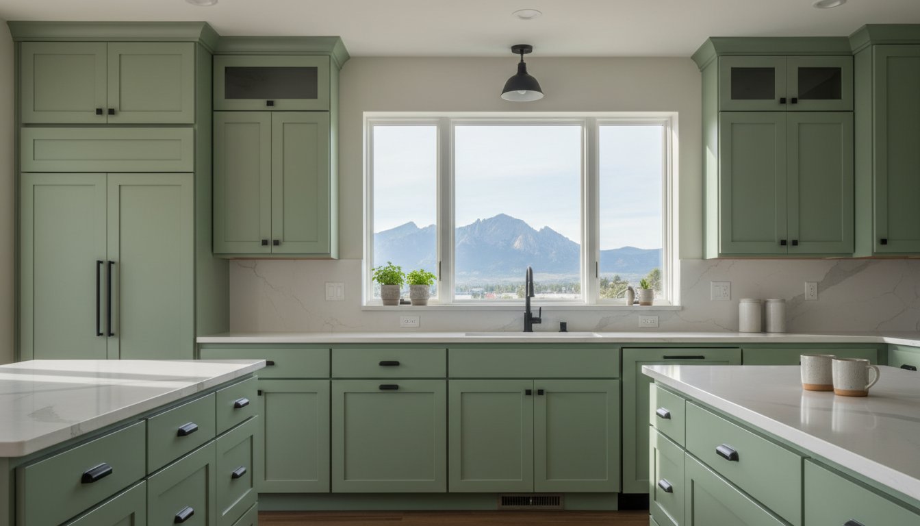 Bright green kitchen with white countertops and a large window over the sink, mountains visible outside.