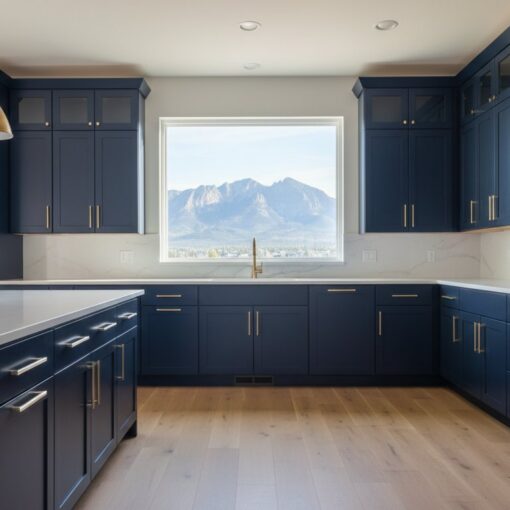 Modern navy blue kitchen with white countertops, brass handles, and a central island; mountains visible through the window.