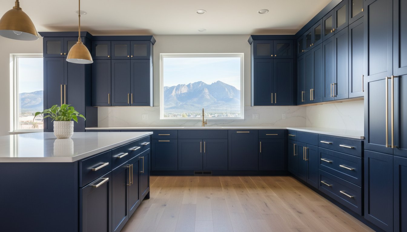 Modern navy blue kitchen with white countertops, brass handles, and a central island; mountains visible through the window.