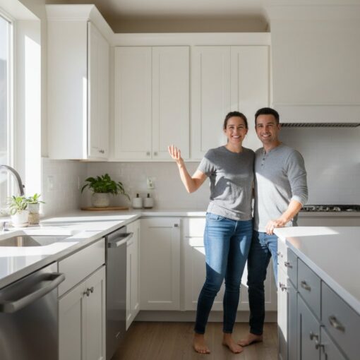 Smiling couple standing barefoot in a bright, modern white kitchen with a large window and mountain view behind them, arms around each other.