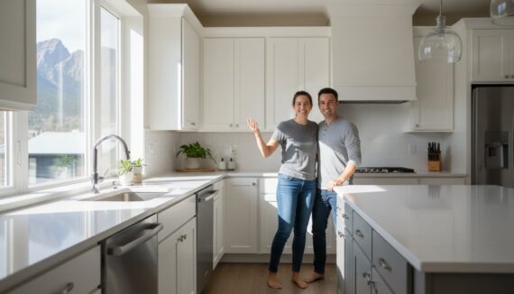 Smiling couple standing barefoot in a bright, modern white kitchen with a large window and mountain view behind them, arms around each other.